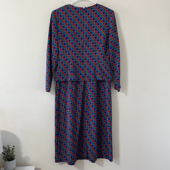 Vintage Talbots Red Blue Green Check Long Sleeve Tiered Overlay Dress Size 8P - Picture 6 of 8
